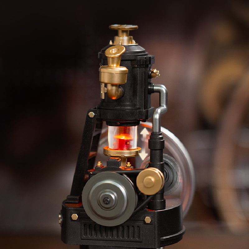 ROKR Thermo Engine close-up showing the glowing orange cylinder, connecting rod and rotating mechanical components