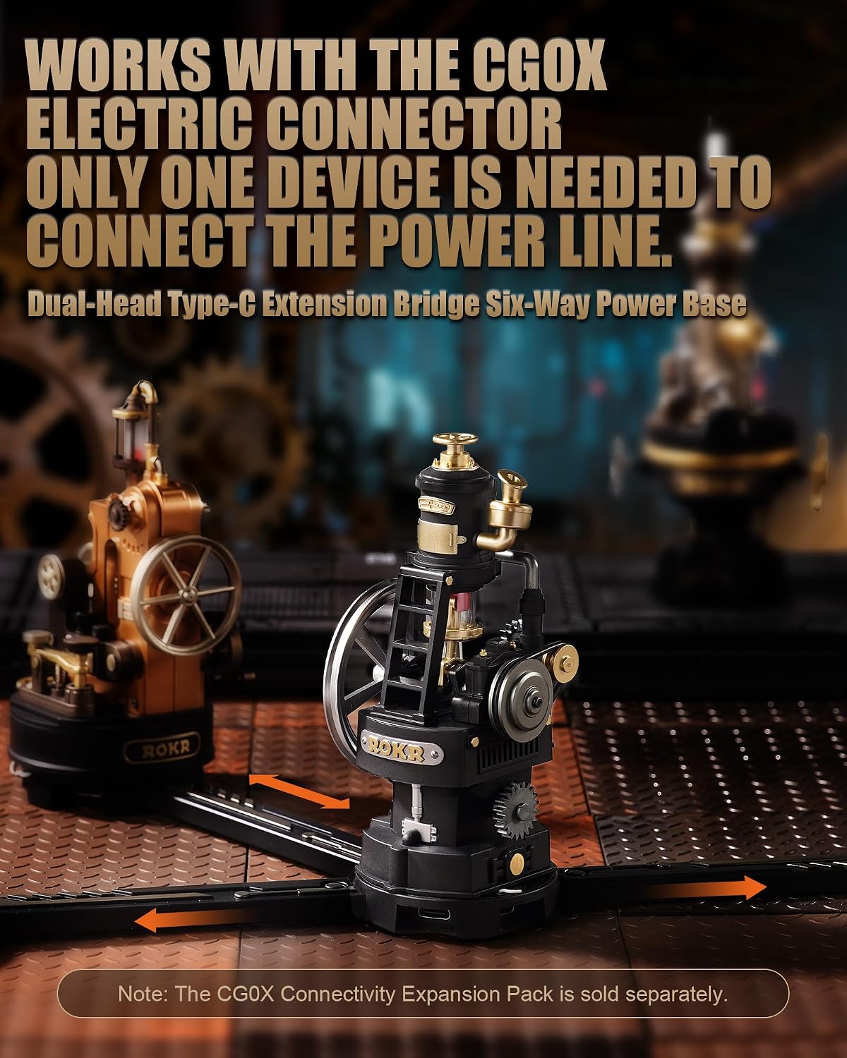 ROKR Thermo Engine connected to compatible Industrial City mechanical models using a separate power connector system