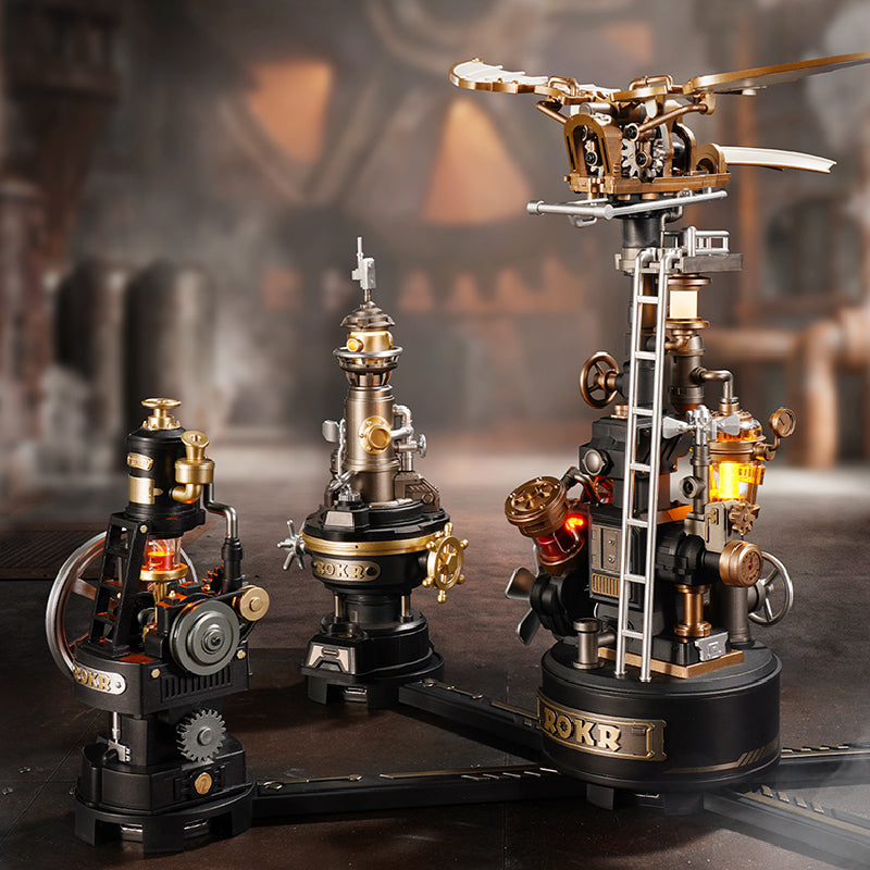 ROKR Thermo Engine displayed alongside compatible Industrial City mechanical models with detailed moving parts and illuminated components
