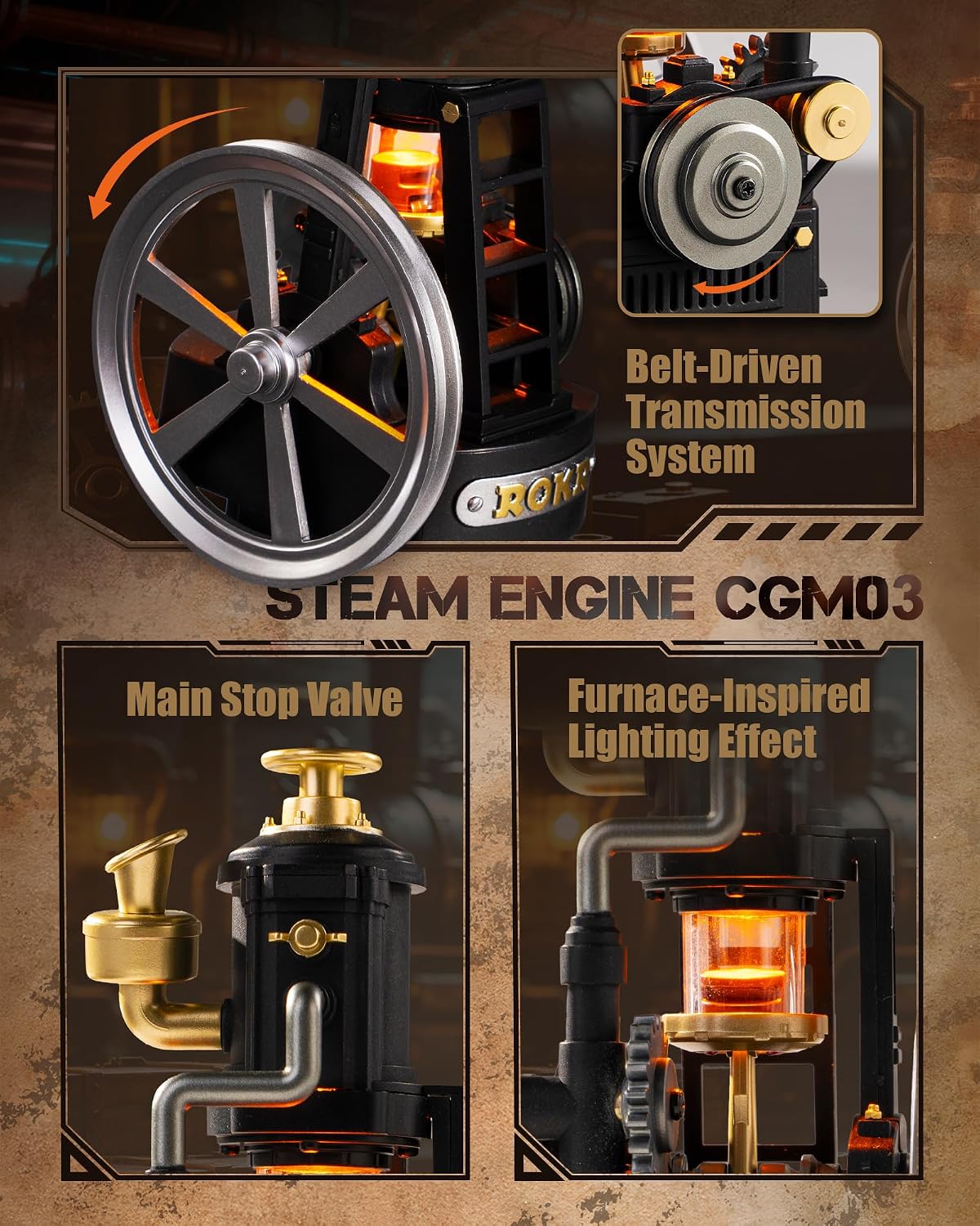 ROKR Thermo Engine mechanical model details including the belt-driven transmission, main stop valve, flywheel and orange furnace-inspired lighting effect
