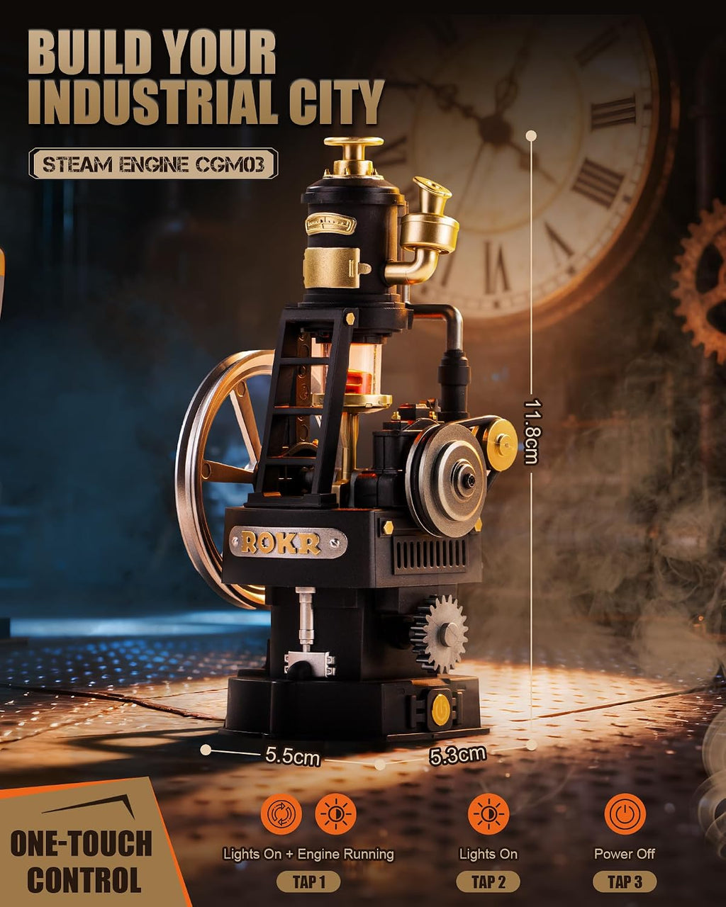 ROKR Thermo Engine mechanical model showing its 11.8 cm height, 5.5 x 5.3 cm base dimensions and one-touch lighting and motor controls