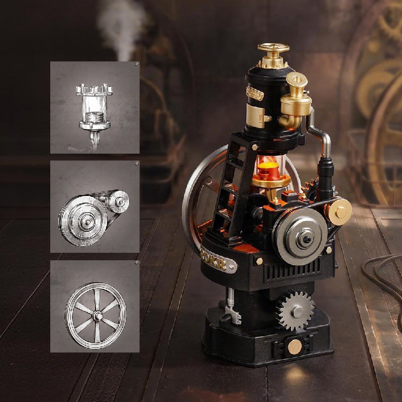 ROKR Thermo Engine CGM03 showing the three main mechanical modules: cylinder, flywheel and belt-driven pulley system