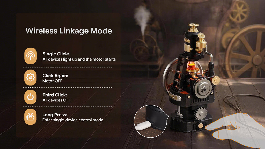 ROKR Thermo Engine wireless linkage mode illustrating one-touch motor control, coordinated lighting and single-device operation
