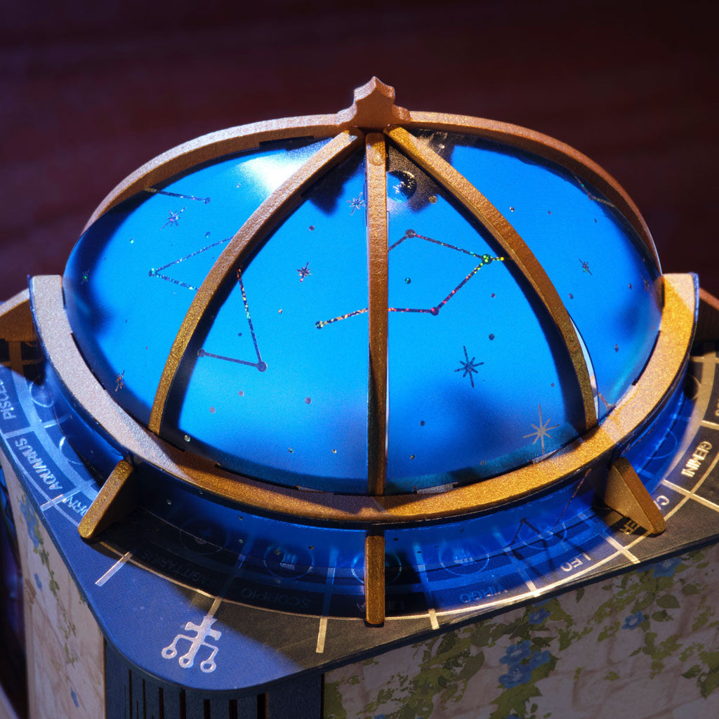 Rolife Astral Dome close-up showing the blue observatory-style dome with a gold frame, constellation patterns, zodiac symbols and celestial markings