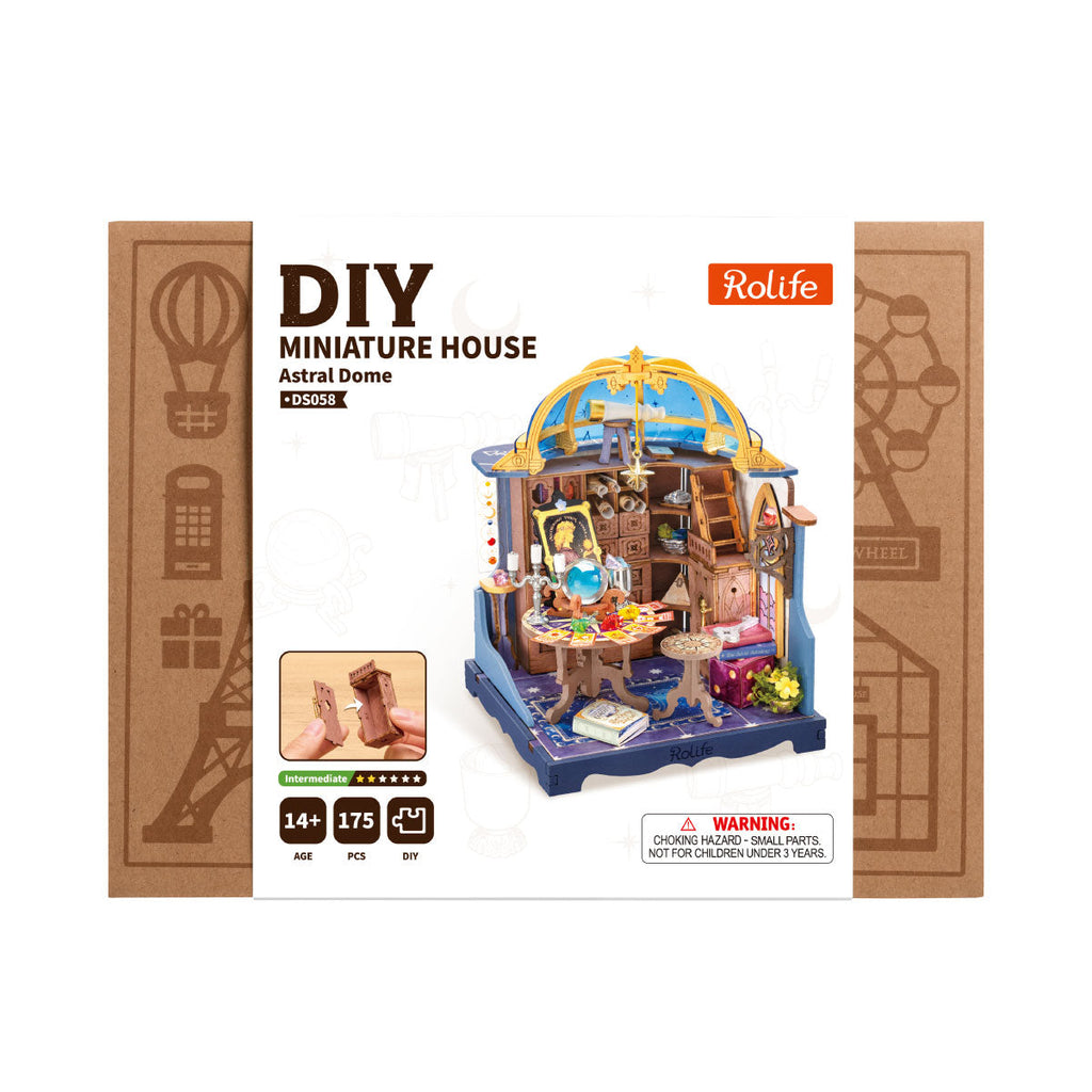 Rolife Astral Dome DS058 DIY miniature house kit packaging featuring the completed astrology room, blue celestial dome, 175 pieces and intermediate difficulty level