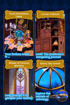 Rolife Astral Dome miniature room detail collage highlighting the tarot divination table, corner cabinet, zodiac-themed window and blue starry observatory dome