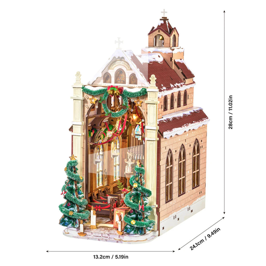Rolife Caroling Cathedral book nook showing its assembled dimensions of 13.2 x 24.1 x 28 cm and detailed miniature church architecture