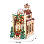 Rolife Caroling Cathedral book nook showing its assembled dimensions of 13.2 x 24.1 x 28 cm and detailed miniature church architecture