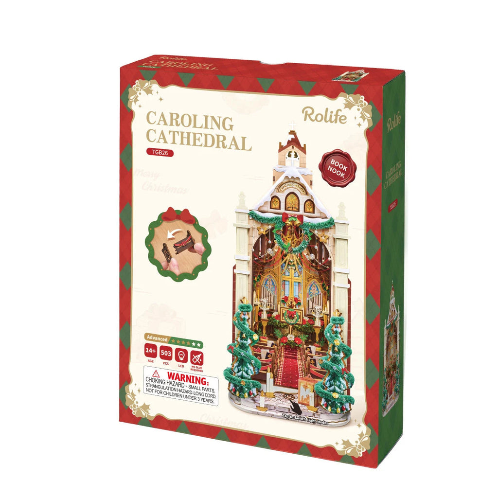 Rolife Caroling Cathedral TGB26 DIY book nook kit packaging showing the finished Christmas cathedral, 503 pieces, LED lighting and advanced difficulty level
