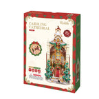 Rolife Caroling Cathedral TGB26 DIY book nook kit packaging showing the finished Christmas cathedral, 503 pieces, LED lighting and advanced difficulty level