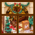 Rolife Caroling Cathedral Christmas decorations featuring a green garland with bells, a decorated miniature tree and a festive lantern
