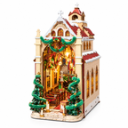Rolife Caroling Cathedral DIY book nook kit featuring a miniature Christmas cathedral with snow-covered roofs, stained glass windows, festive garlands and warm LED lighting