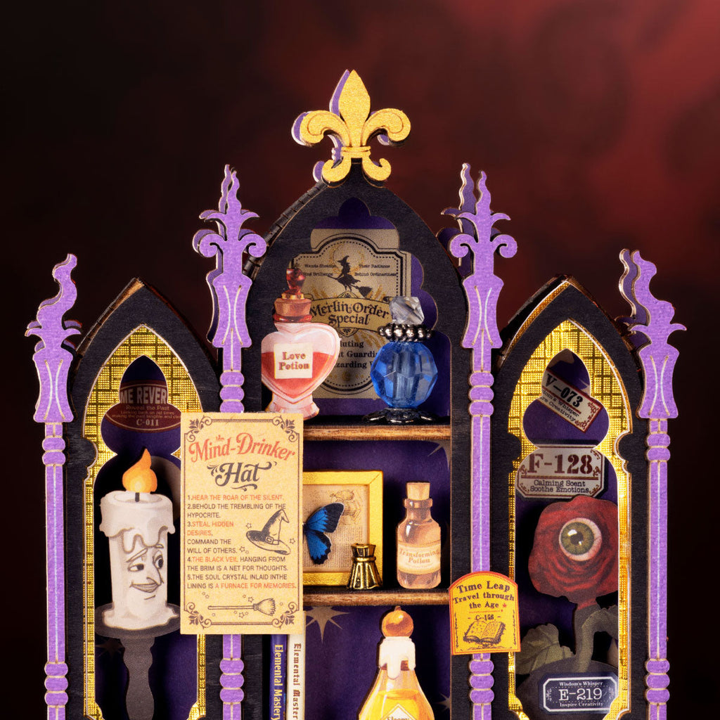 Rolife Curio Corner close-up featuring a blue crystal ball, purple gemstones, Atlas of the Void book, potion bottles and an ornate purple clock counter