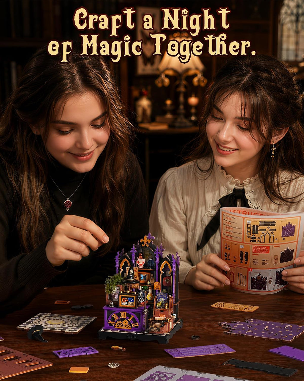 Two people assembling the Rolife Curio Corner DIY miniature house together using illustrated instructions and purple model components