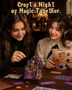Two people assembling the Rolife Curio Corner DIY miniature house together using illustrated instructions and purple model components