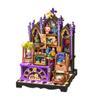 Rolife Curio Corner DS056 DIY miniature house kit featuring a purple gothic curiosity cabinet with a wizard hat, crystal balls, potion bottles, magical books and ornate clock details