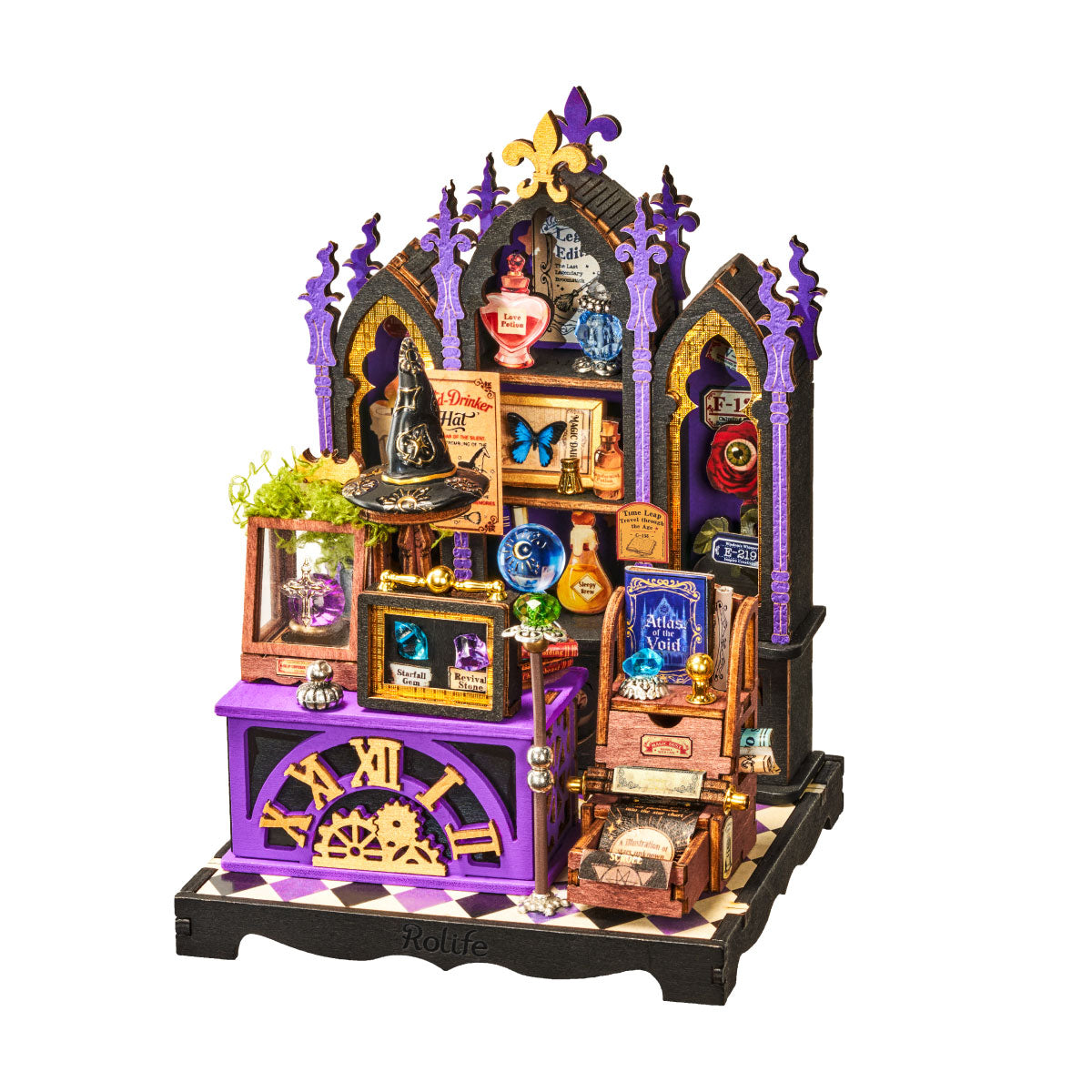 Rolife Curio Corner DS056 DIY miniature house kit featuring a purple gothic curiosity cabinet with a wizard hat, crystal balls, potion bottles, magical books and ornate clock details