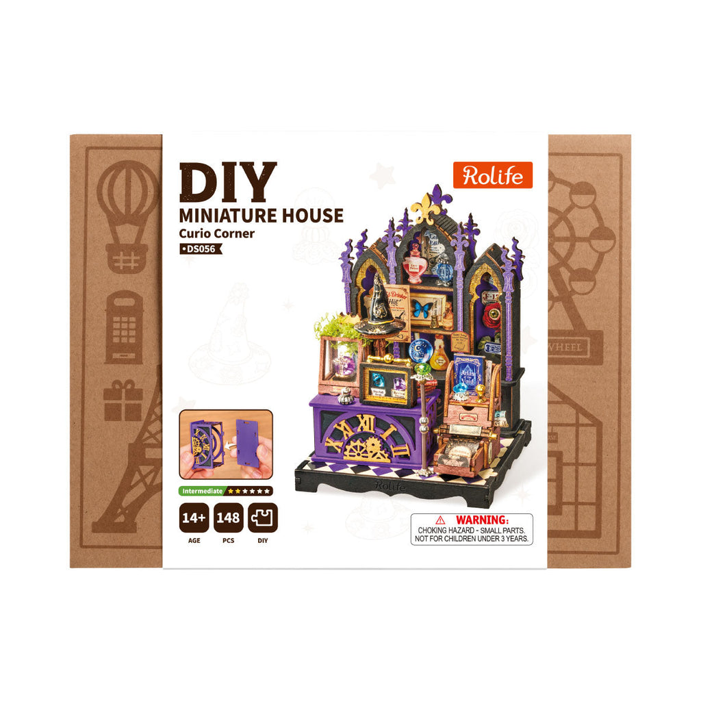 Rolife Curio Corner DS056 DIY miniature house packaging featuring the completed purple fantasy cabinet, 148 pieces and an intermediate difficulty rating