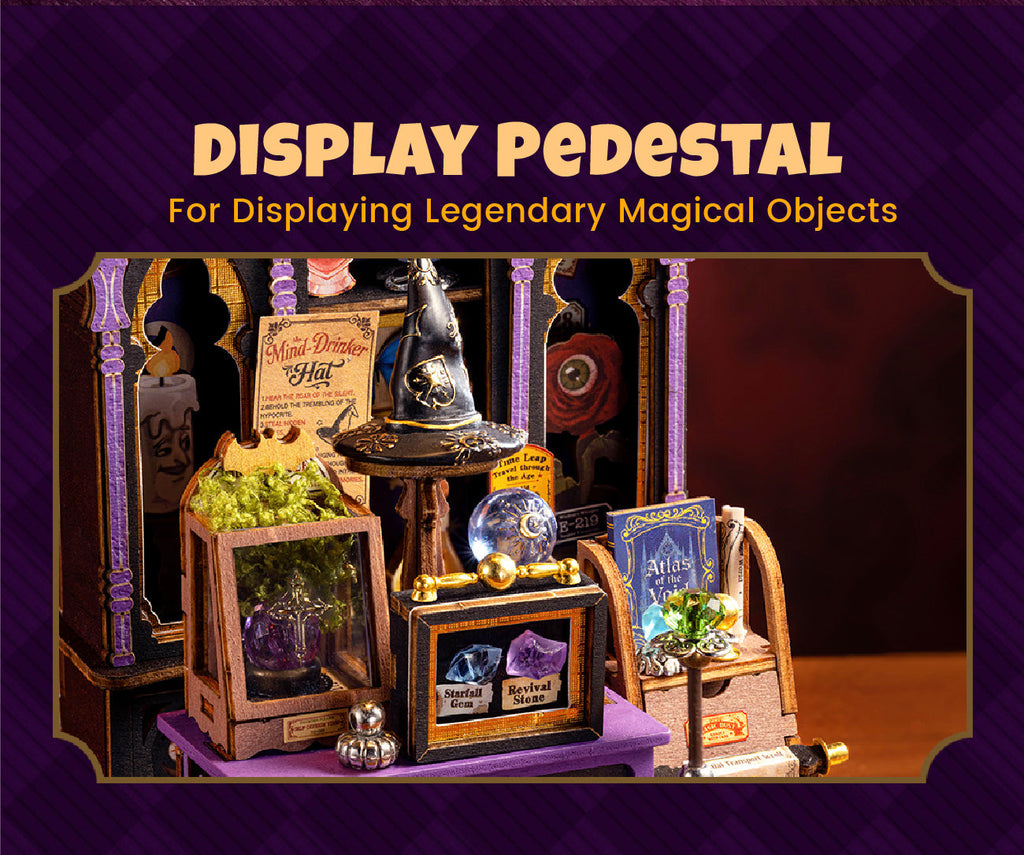 Rolife Curio Corner purple gothic cabinet with pointed arches, gold decorative details, potion bottles, magical labels and a miniature candle figure
