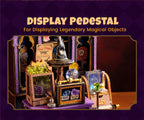 Rolife Curio Corner purple gothic cabinet with pointed arches, gold decorative details, potion bottles, magical labels and a miniature candle figure