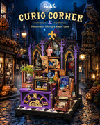 Rolife Curio Corner miniature magical cabinet displayed in a spooky Halloween street scene with pumpkins, gothic buildings and fantasy shop decorations