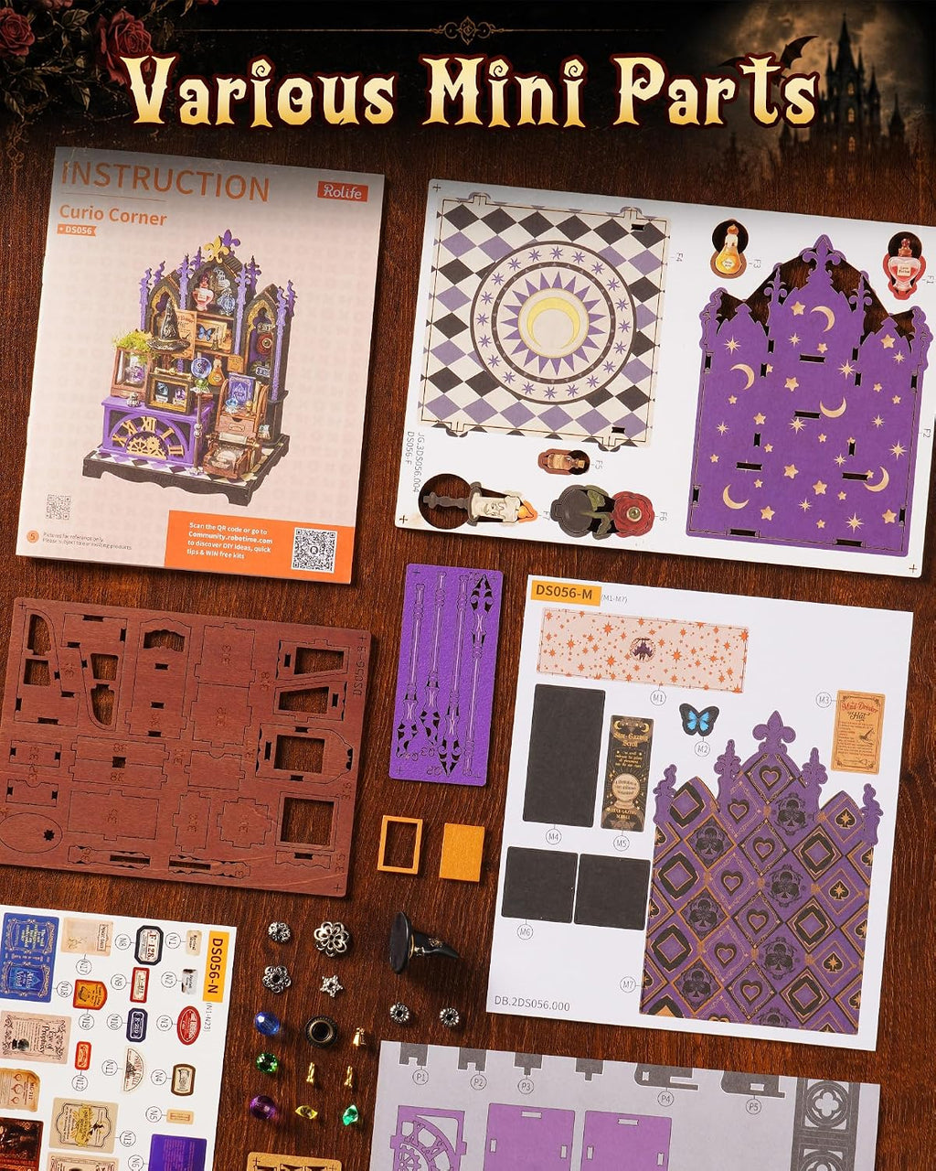 Rolife Curio Corner DS056 DIY miniature house kit contents including precision-cut wooden boards, purple decorative panels, printed accessories, small ornaments and assembly instructions