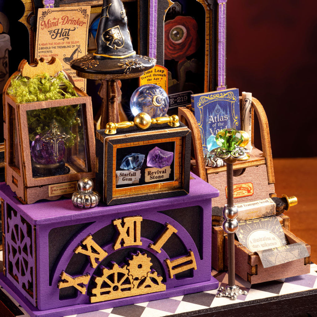 Rolife Curio Corner displayed alongside Rosa Salon and Astral Dome miniature houses from the Magic House collection