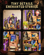 Rolife Curio Corner close-up collage showing the wizard hat, love potion bottle, crystal ball, magical books, gemstones and miniature scrolls
