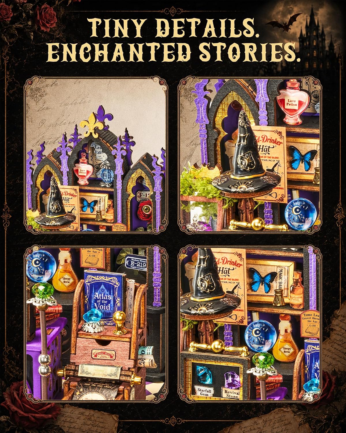 Rolife Curio Corner close-up collage showing the wizard hat, love potion bottle, crystal ball, magical books, gemstones and miniature scrolls