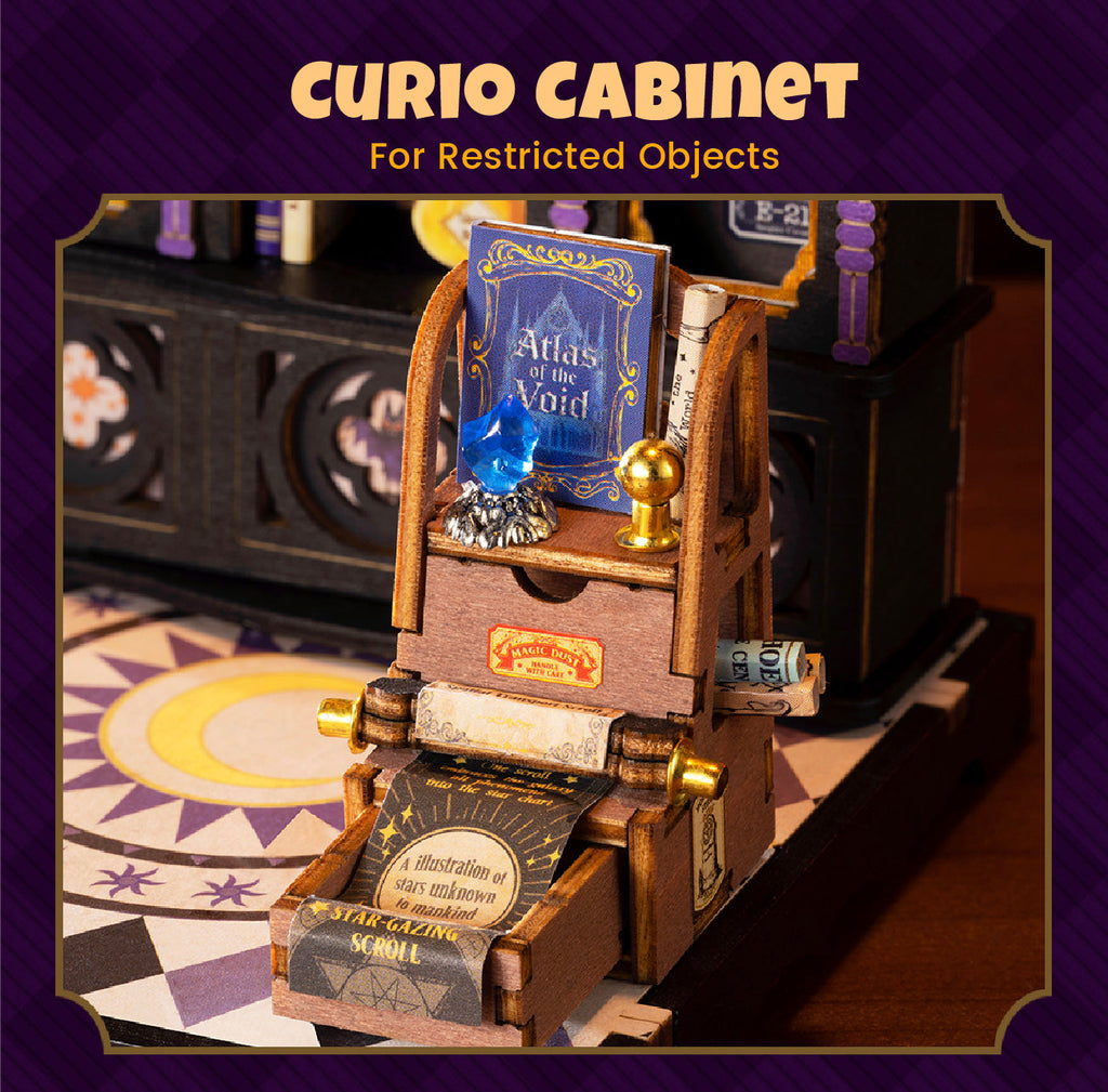 Rolife Curio Corner miniature cabinet showcasing a wizard hat, crystal ball, gemstone display cases, magical scrolls and decorative fantasy artefacts