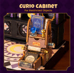Rolife Curio Corner miniature cabinet showcasing a wizard hat, crystal ball, gemstone display cases, magical scrolls and decorative fantasy artefacts
