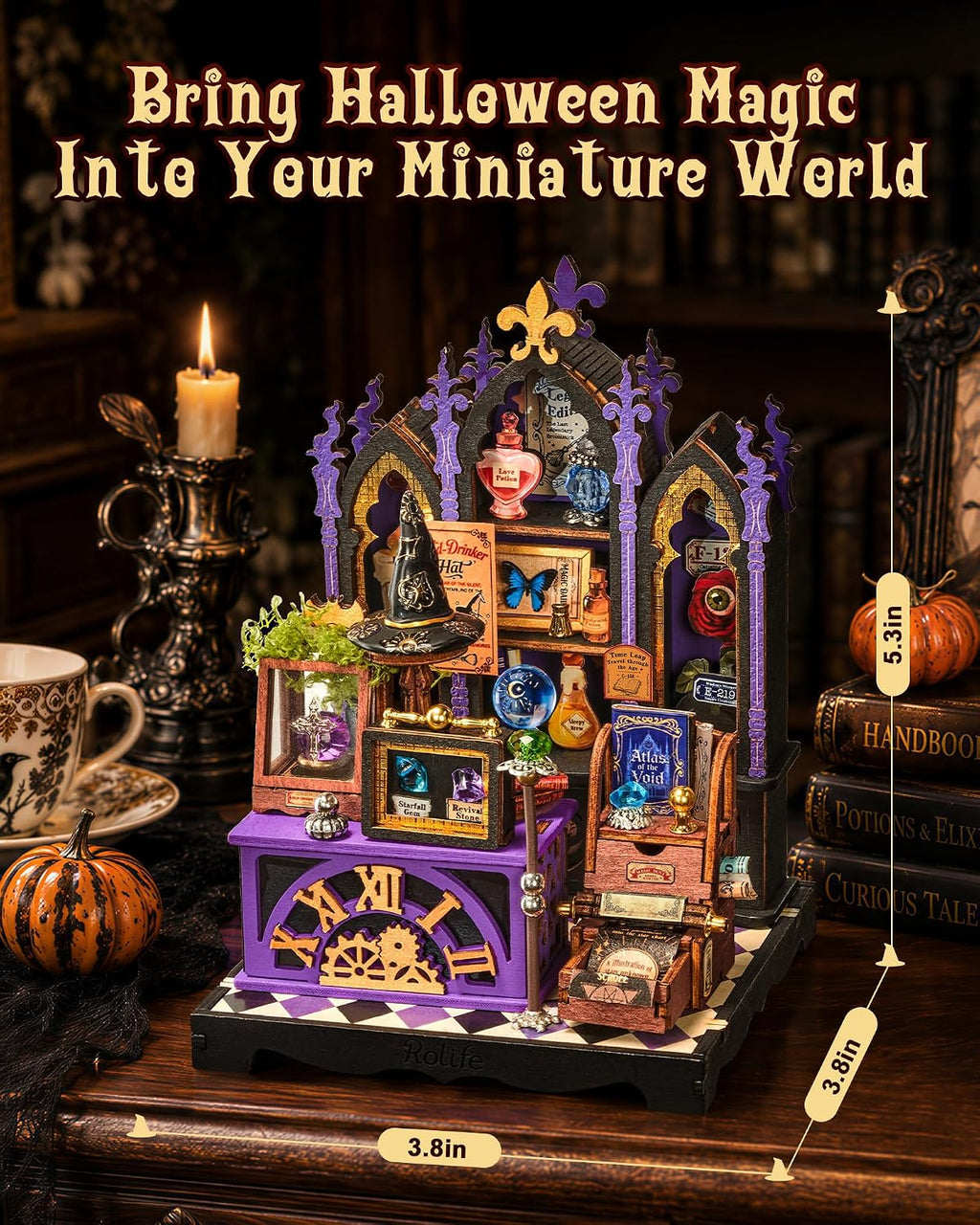 Rolife Curio Corner miniature house showing its 9.6 x 9.6 x 13.5 cm assembled dimensions and detailed purple fantasy cabinet design