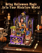 Rolife Curio Corner miniature house showing its 9.6 x 9.6 x 13.5 cm assembled dimensions and detailed purple fantasy cabinet design