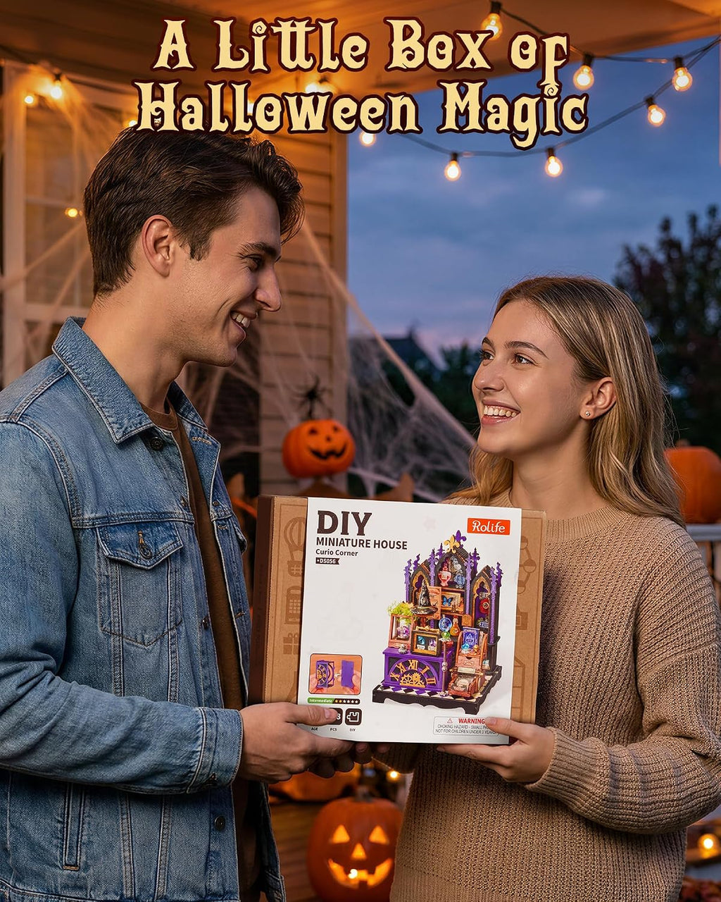 Rolife Curio Corner DS056 DIY miniature house kit presented as a Halloween-inspired gift with illustrated packaging and a purple magical cabinet design