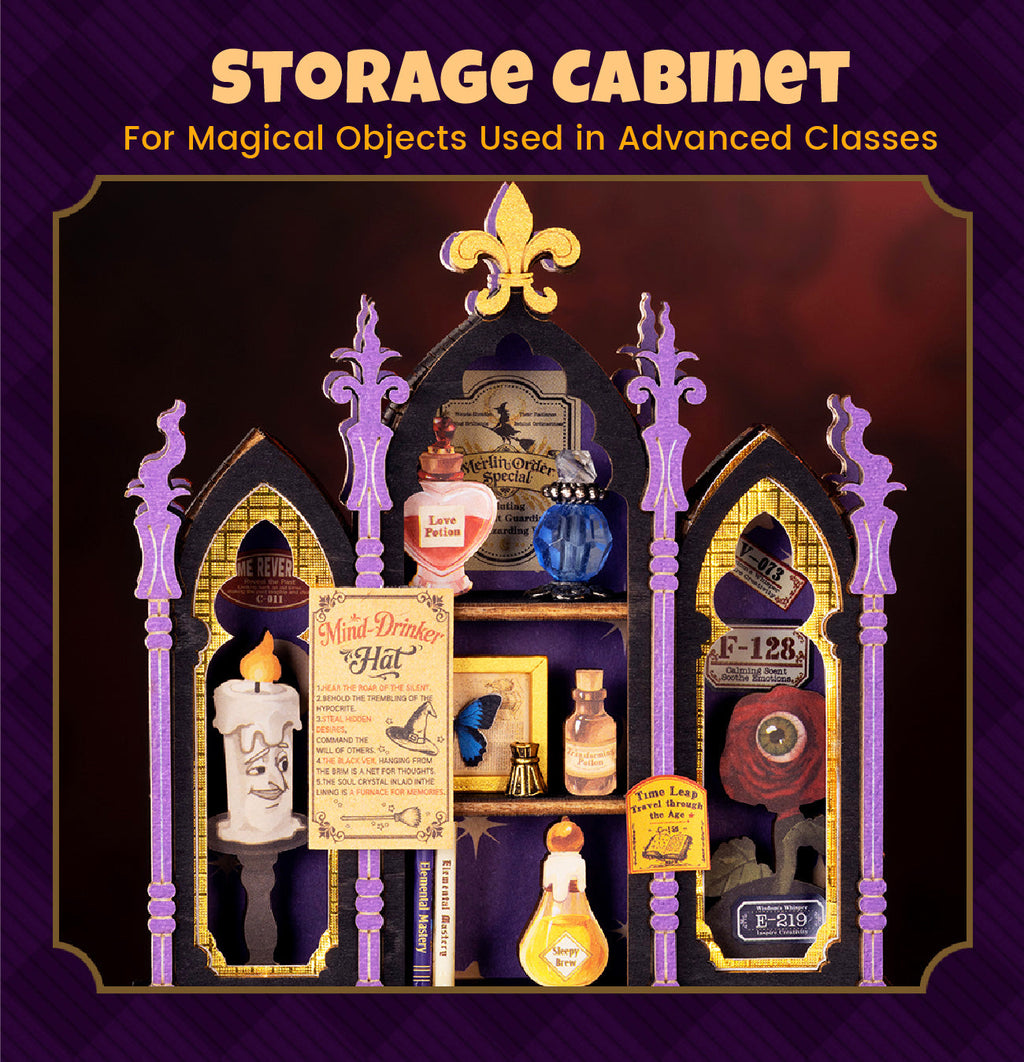 Rolife Curio Corner close-up showing miniature potion bottles, a crystal ball, magical books, scrolls and decorative gothic shelving