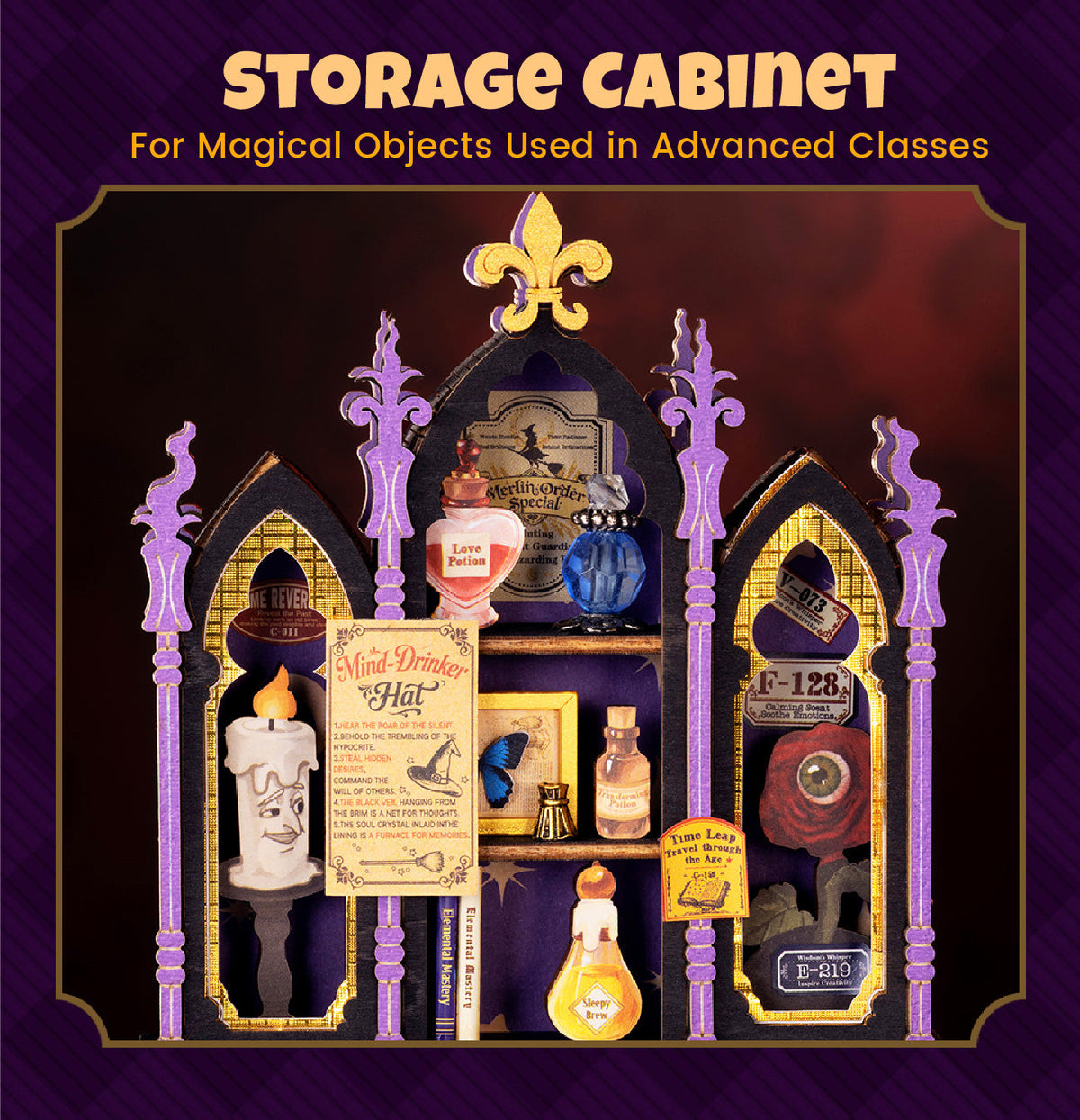 Rolife Curio Corner close-up showing miniature potion bottles, a crystal ball, magical books, scrolls and decorative gothic shelving