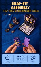 Rolife Curio Corner DIY miniature house showing detachable cabinet sections, purple base panels and snap-fit assembly components