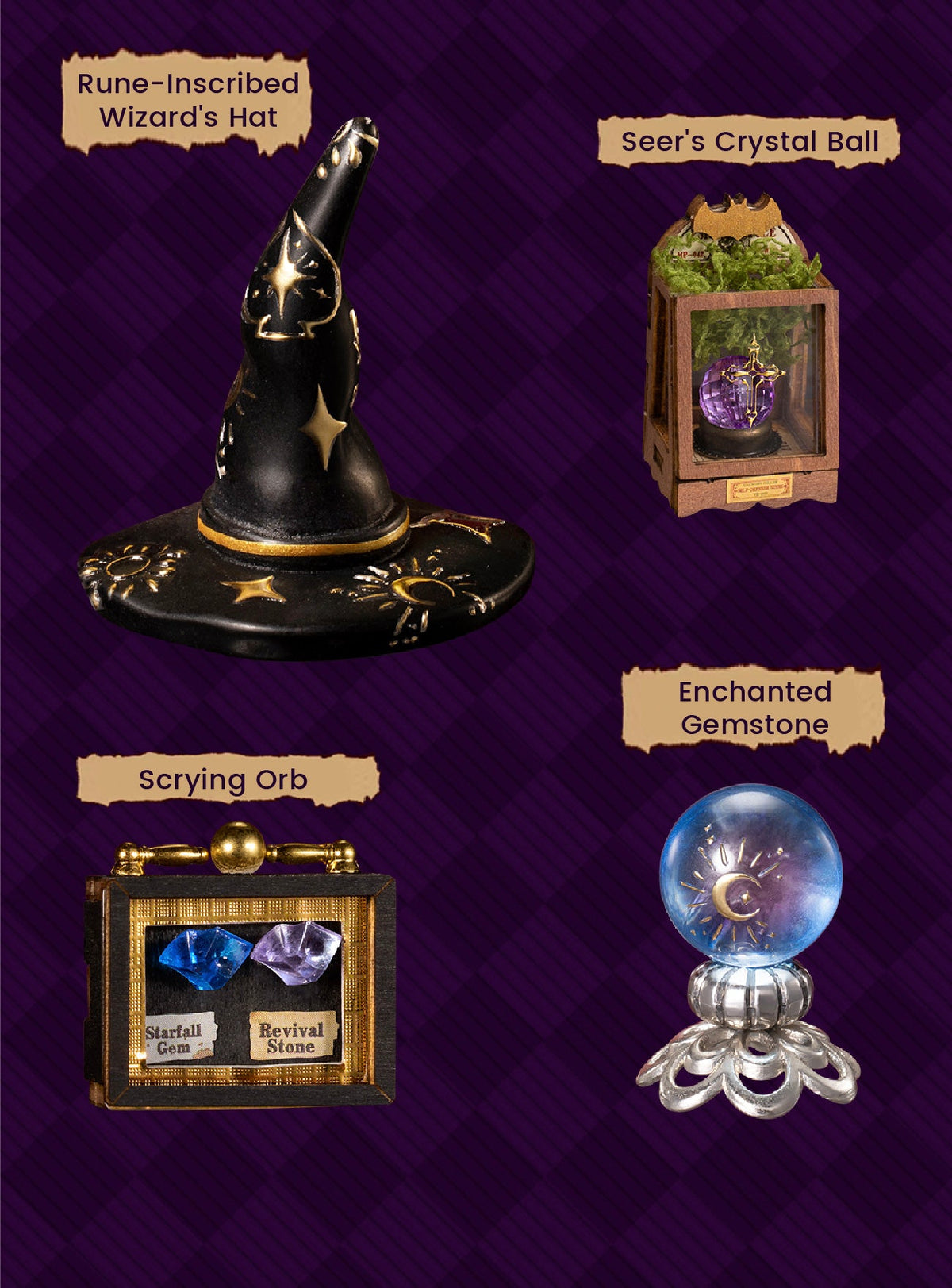 Rolife Curio Corner magical accessories including a black wizard hat with gold symbols, a crystal ball, gemstone display case and miniature fantasy objects