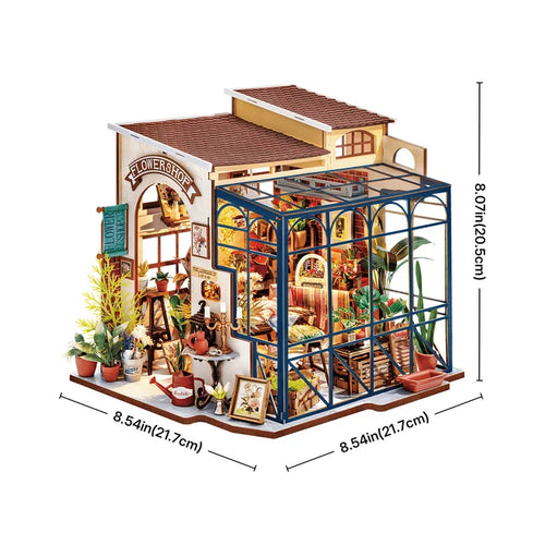 Rolife Emily's Flower Shop miniature house kit with 22 x 19 x 21 cm finished size and detailed greenhouse design