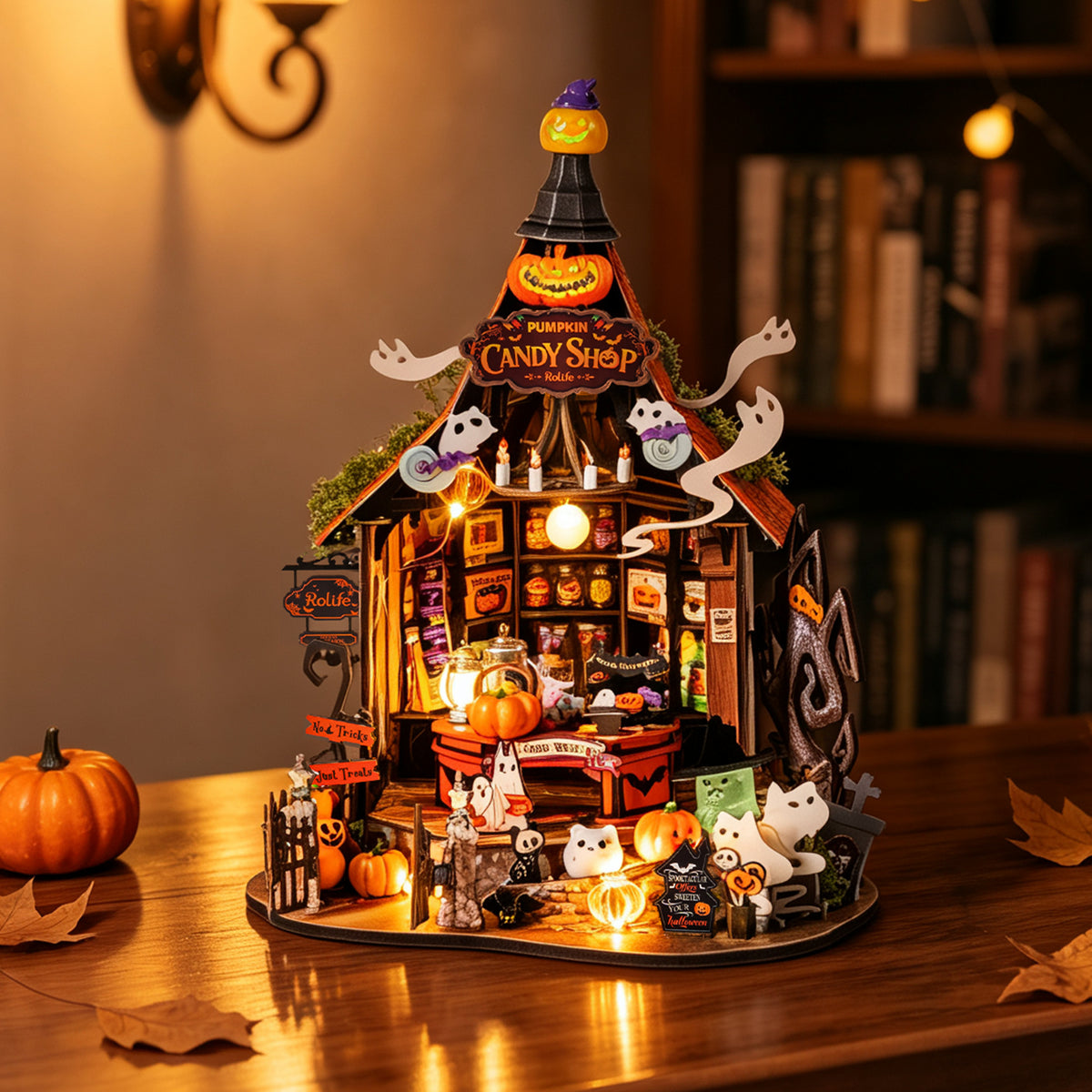 Rolife Haunted Candy House DIY miniature house with warm LED lighting and Halloween decorations
