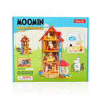 Rolife Moominhouse DA009 DIY miniature house kit box featuring the completed four-storey Moomin family home, four character figures and LED lighting