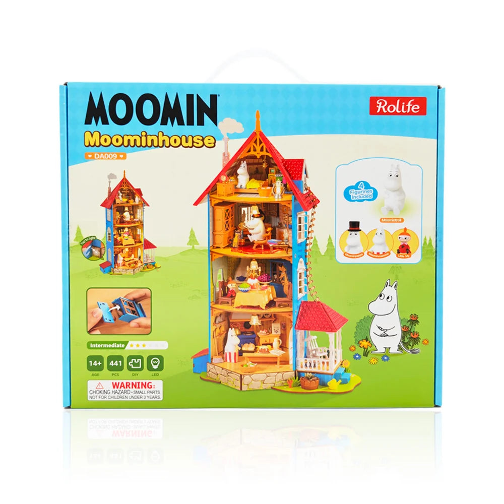 Rolife Moominhouse DA009 DIY miniature house kit box featuring the completed four-storey Moomin family home, four character figures and LED lighting
