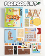Rolife Moominhouse DA009 kit contents showing wooden boards, coloured building components, miniature furniture, character pieces and assembly instructions