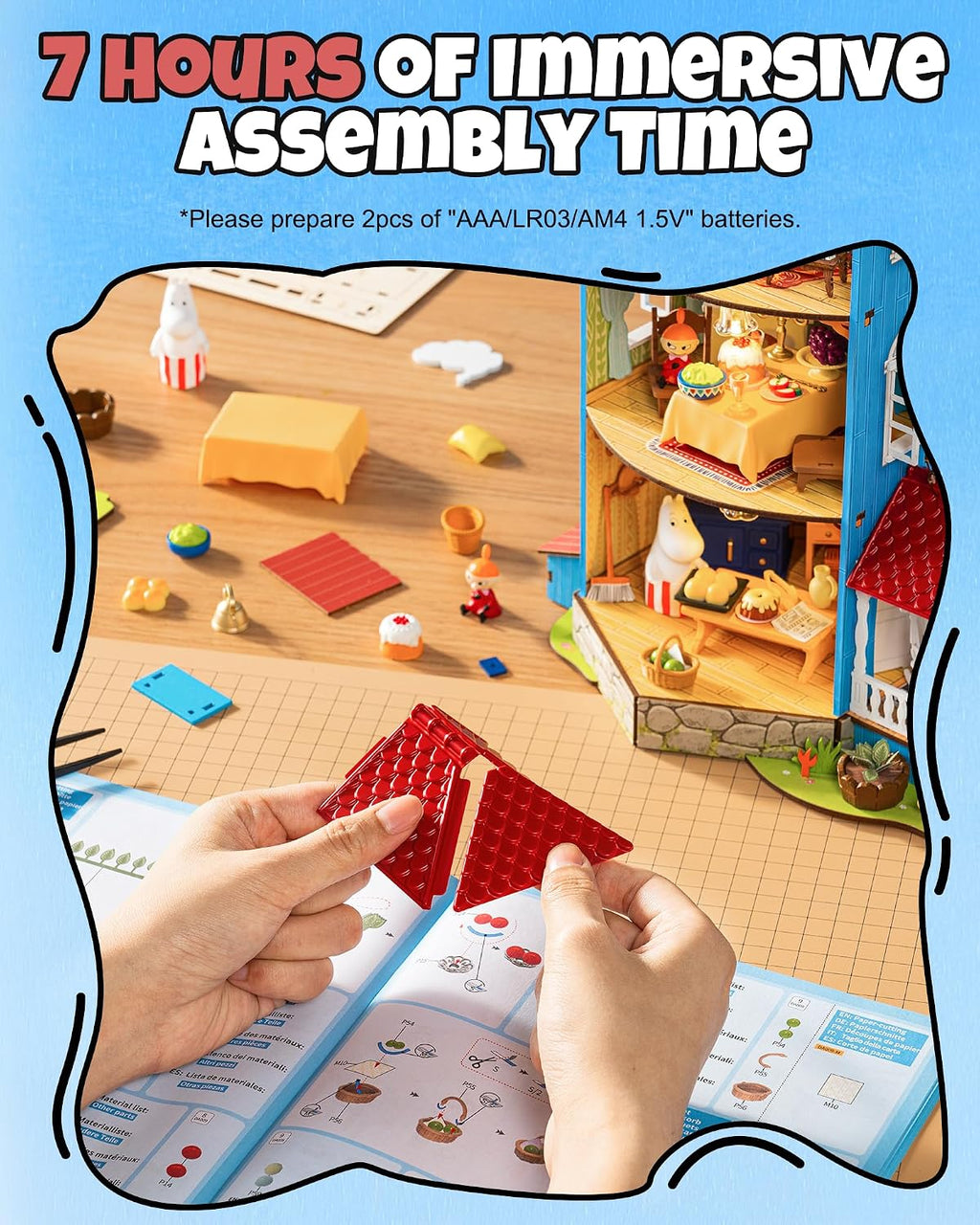 Rolife Moominhouse DIY miniature house assembly with hands fitting red roof panels, illustrated instructions and individual model components