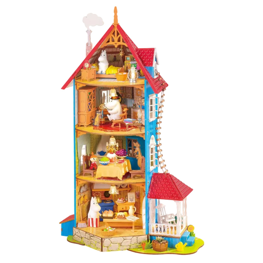 Rolife Moominhouse DA009 DIY miniature house kit featuring the four-storey Moomin family home, colourful rooms, miniature furniture and character figures