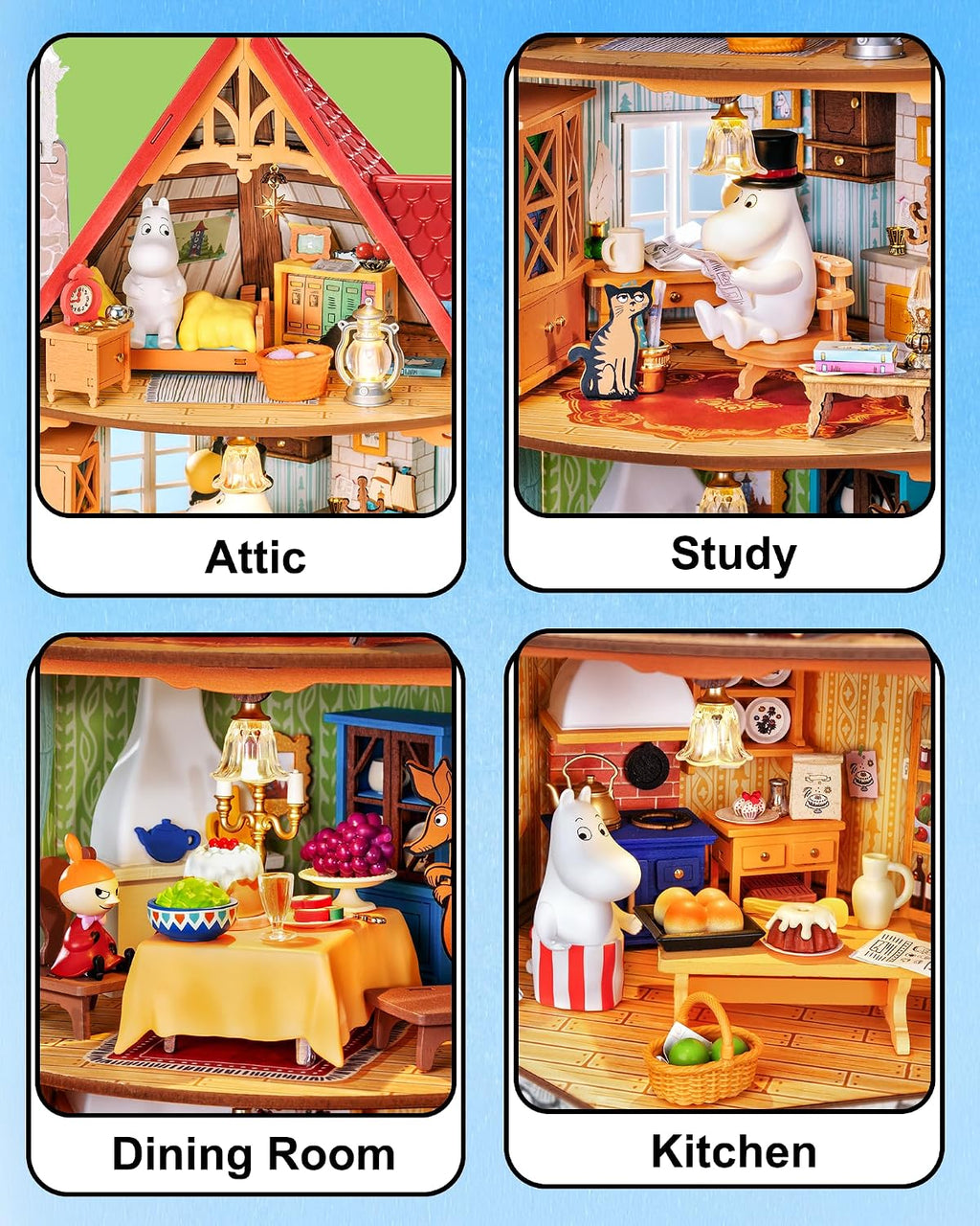 Rolife Moominhouse interior detail collage showing the attic bedroom, study, dining room and kitchen across four miniature floors