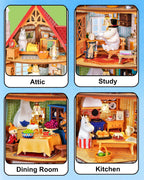 Rolife Moominhouse interior detail collage showing the attic bedroom, study, dining room and kitchen across four miniature floors