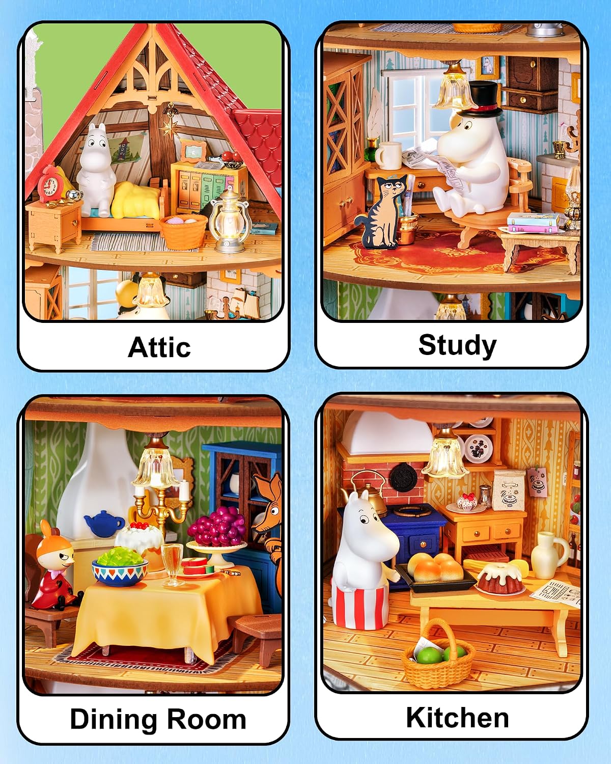 Rolife Moominhouse interior detail collage showing the attic bedroom, study, dining room and kitchen across four miniature floors