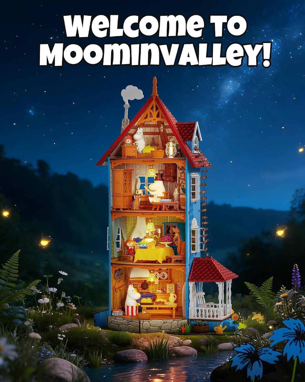 Rolife Moominhouse illuminated miniature home displayed at night with glowing interior rooms, red roof and detailed Moominvalley scenery