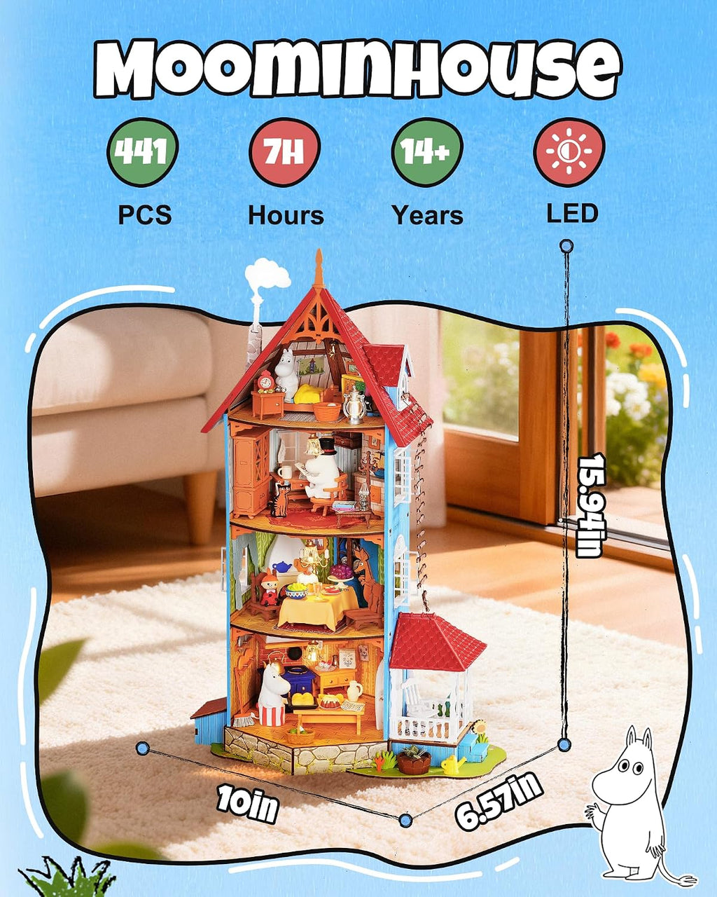 Rolife Moominhouse miniature house kit with 441 pieces, 7 hours of assembly time, LED lighting and finished dimensions of 25.4 x 16.7 x 40.5 cm